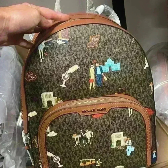 MICHAEL KORS BACKPACK JAYCEE LARGE ZIP JET SET GIRLS PRINT BROWN MULTI - Picture 10 of 11